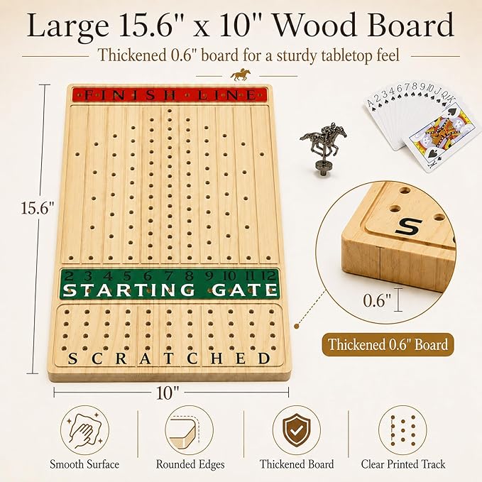 Jyquorp Horse Race Board Game (15.6" x 10") Solid Wood Horse Racing Board Game Set for 2-11 Players with 11 Luxury Metal Horses, 2 Dice & 2 Card Decks, Gifts for Family Party