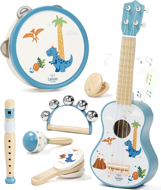 Lehoo Castle Kids Guitar Set, Dinosaur Guitar for Toddlers 1-3, Wooden Montessori Musical Instruments 7 in 1 with Ukulele/Tambourine/Maracas/Flute, Mini Band Set Birthday Gift for Boys Girls