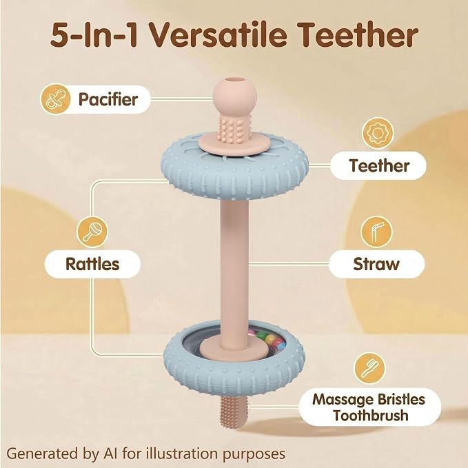 Baby Teething Toys Baby Rattle Teething Straw 3-in-1 Barbell-Shaped, Made from Silicone, Built-in Toothbrush Head and Nipple Shape, Bpa-Free, Phthalate Free, Professionally Certified, Blue