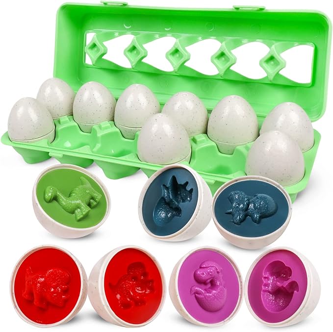 Easter Egg Toy for Toddlers - 12 Pcs Dinosaur Matching Eggs, Educational Gift for 1-3 Year Old Kids, Color & Shape Recognition Fine Motor Skill Montessori Puzzle