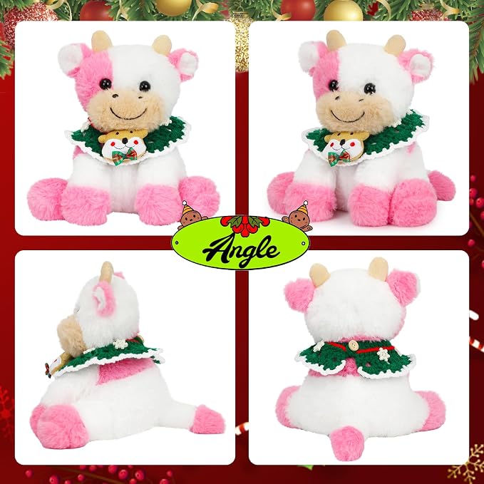Hopearl Adorable Christmas Plush Cow Toy Floppy Dairy Cattle Soft Kawaii Stuffed Animal Cute Xmas Gifts for Boys Girls Kids Toddlers, Pink, 9''