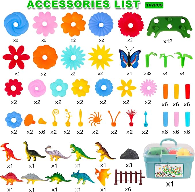 Toys Gifts for Toddlers Boys Girls Age 2 3 4 5 6, 167 PCS Dinosaur Flower Garden Building Blocks, STEM Fine Motor Skill Stacking Games, First 1st Birthday Gifts for Preschool Kids 2+ Years Old