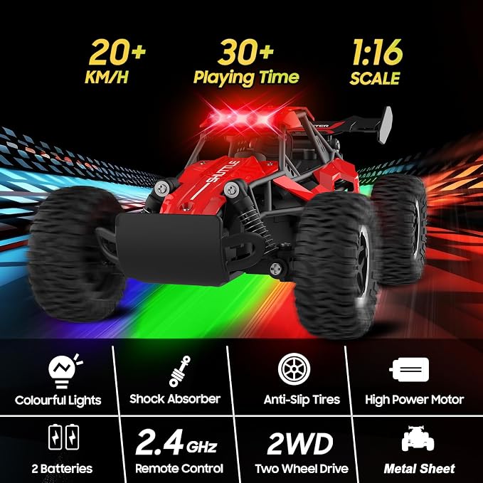 Remote Control Car for Kids 3 4 5 6 7+, 20 KM/H High-Speed RC Cars with LED Lights, 2.4GHz 2WD Monster Truck Toys,Toy Cars for Girls Boys,Christmas & Birthday Gifts,Upgraded Anti-Collision Shaft–Red