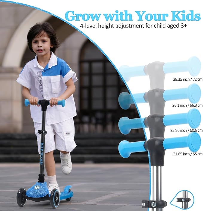 Kicknroll Kids Scooter Light Up 3 Wheel Toddler Kick Scooters with Jelly Glitter Anti-Slip Deck and LED Wheels, 4 Adjustable Heights, Foldable, Lean-to-Steer Design for Girls & Boys 3-12 Max 110 Lbs