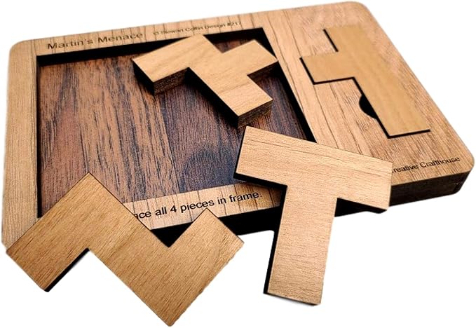 Creative Crafthouse Martin's Menace Small Stewart Coffin Wood Puzzle | Design number 217. A four piece packing solve that looks easy and absolutely is not. A desk and shelf gift, made in USA