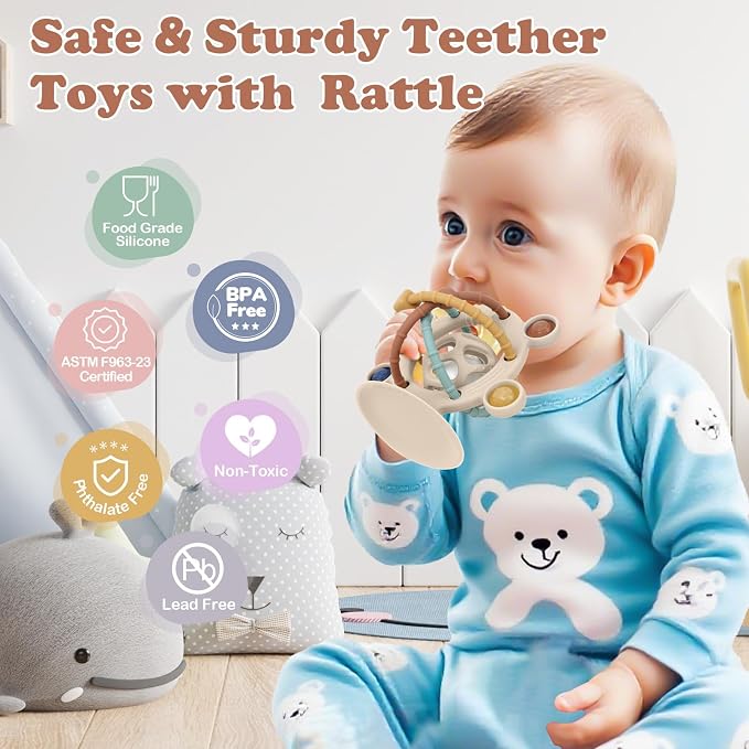 TYRY.HU Silicone Baby Teething Toys for Babies 0-6 6-12 Months, Multi Purpose High Chair Toys with Suction Cup, Baby Suction Table Toys, Montessori Sensory Toys with Rattle for Teething Relief, Khaki