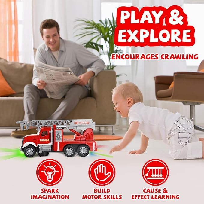Toddler Boy Toys, Fire Trucks for Toddlers 3-5, Lights Music Toy Cars with 1 Rotating Extend Ladder, Firetrucks with 2 Opening Doors, Baby Toys for 3 4 5 6 Year Old Boy, Kids Christmas Birthday Gift