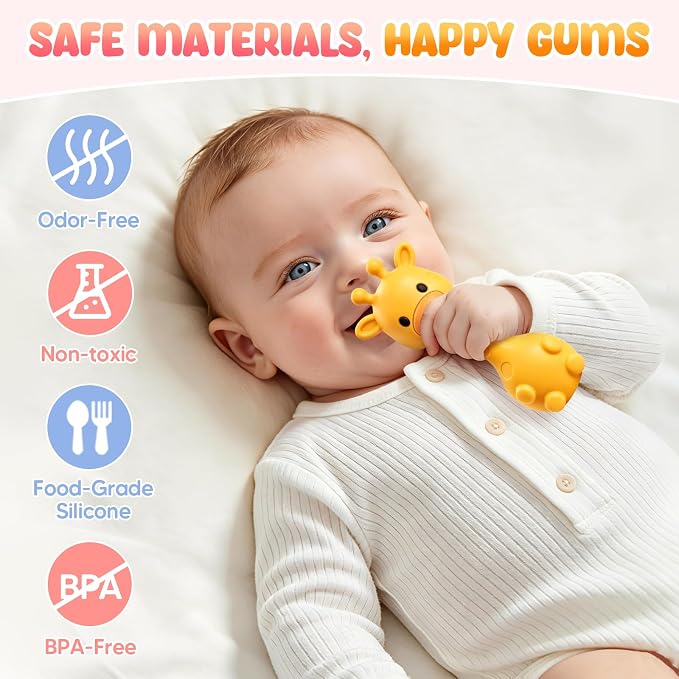 Baby Rattles Teething Toys 3-6 6-12 Month, Multi-Functional BPA-Free Silicone Teether Toys for Teething Relief & Sensory Rattle Play, Perfect Infant Newborn Toys & Baby Gifts (Yellow)