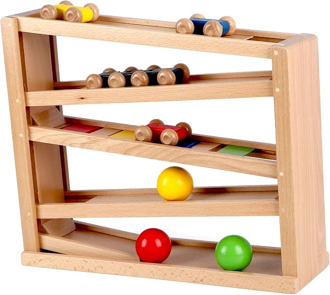 Qilay Wooden Race Track Car Ramp Racer Toy for Toddlers, 5 Level Race Car Ramp Toy Set Includes 4 Wood Cars and 3 Balls,Great Building Learning Toys or 3+ Years Old Boy and Girl