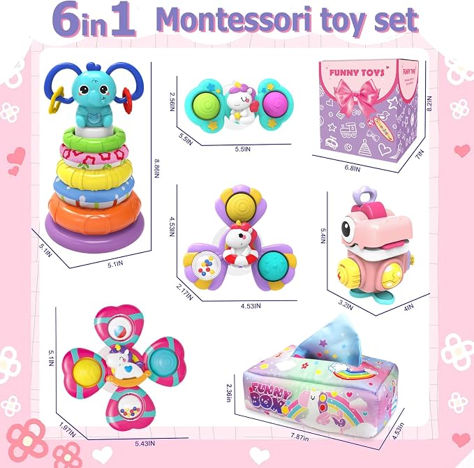 4 in 1 Baby Toys 6 to 12 Months,Learning Toys for Babies 6 12 18 Months, Infant Toys Stacking Rings,Busy Cube,Spinner Toys,Tissue Box Toy,Sensory Educational Gift for Toddlers Aged 1-3