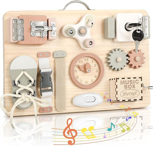 Joyreal Wooden Busy Board for Toddlers, Montessori Toys for 1 2 3 Year Old, Sensory Activity Board with Music Box & 12 Motor Skill Activities, Educational Travel Toys Gift for Boys Girls