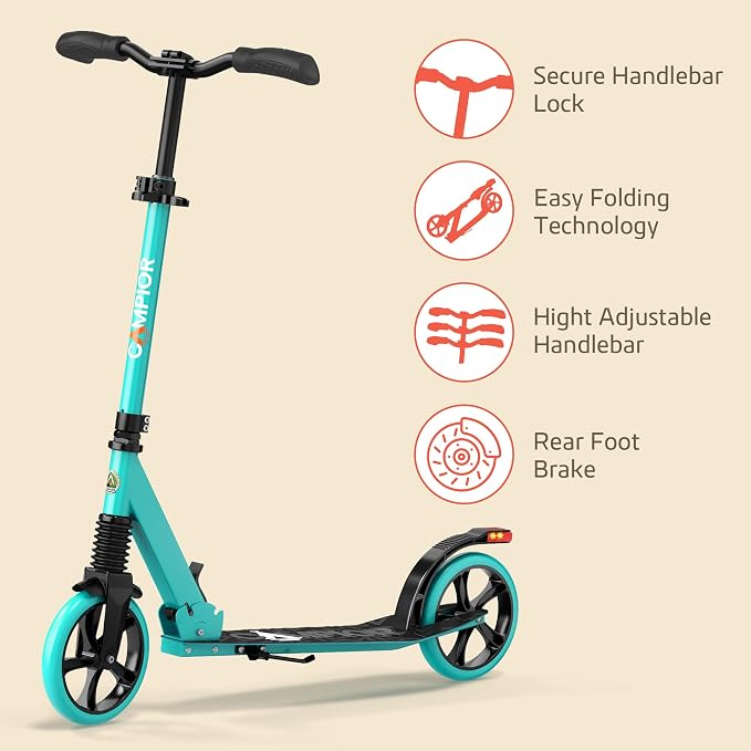 Campior Kick Scooter for Ages 6+, for Kids, Teens, and Adults, Max Load 240 LBS, Foldable, 8-inch Big Wheels for Kids and Adults, with Kickstand, 3 Adjustable Levels, Child Safety Approved, Aqua