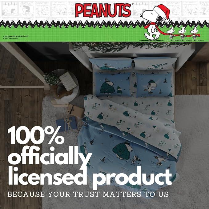 Collectibles Peanuts Snoopy Puffer Holiday & Christmas Bedding Super Soft Comforter and Sheet Set with Sham, 7 Piece Queen Size (Officially Licensed Product) By Franco