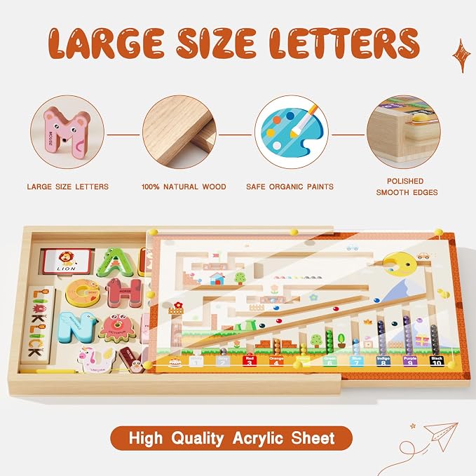 4-in-1 Magnetic Color and Number Maze, ABC Animal Alphabet Puzzles with Drawing Board, Wooden Montessori Toy Storage Box for 3-5 Year Old, Toddler Educational Learning Toy for Kids Boys Girls