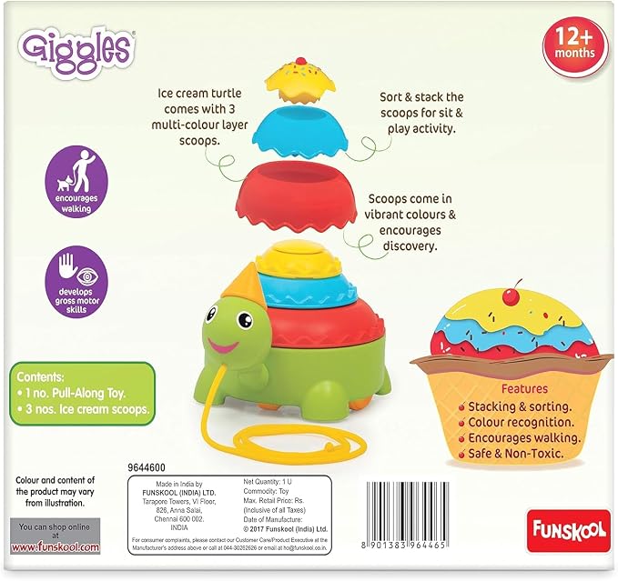 Giggles Funskool Pull Along Turtle, Activity & Learning Toy for Babies, Toddlers, for Baby Boys & Girls, Encourage Walking, Improve Balance, Multicolour, Gift Set for Kids, Ages 18+ Months Pack of 1