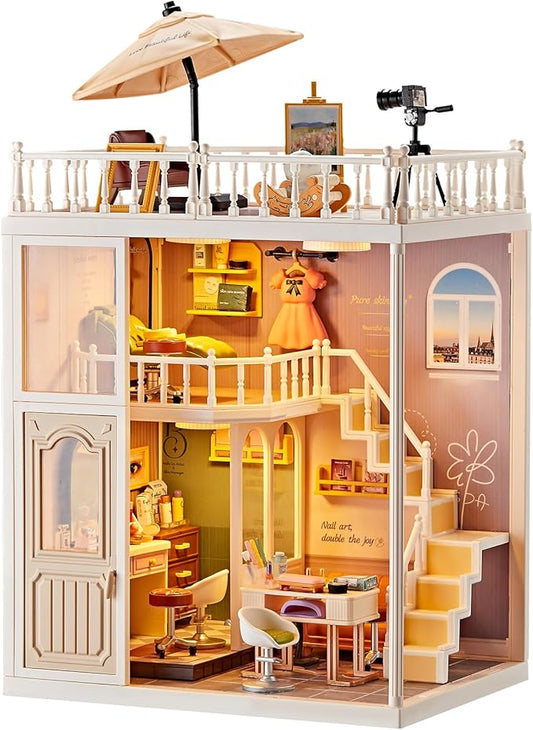 DIY Miniature House Kit Beauty Salon – 203 Piece Tiny House Dollhouse Mini Room with LED Light, Nail Art Studio & Makeup Room, Cozy Creative Craft Gift for Kids 8+ & Teens