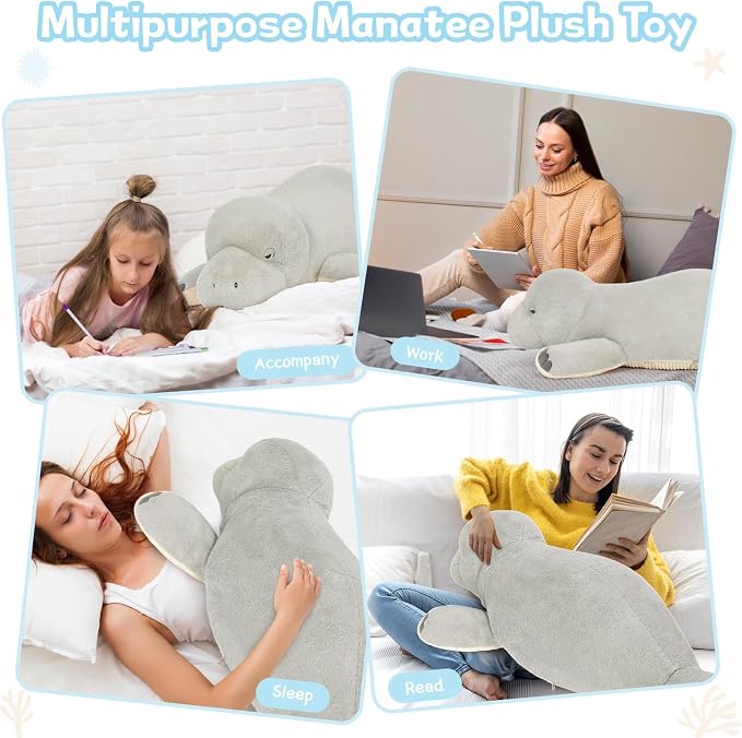 MorisMos 47 Inch Giant Manatee Stuffed Animal, Grey Manatee Plush Toy, Soft Sea Cow Plush Body Pillow for Sleeping, Cuddles & Home Decor, Christmas Birthday Gift for Kids Adults