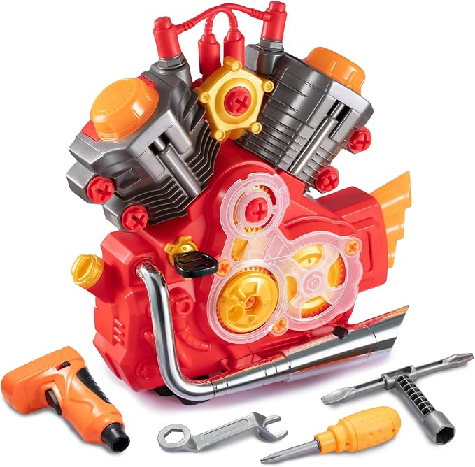POFJOEQ Engine Building Kit, Kids Mechanic Repair Set for Kids Motorcycle Engine，Take Apart Toys-42pc Playset，STEM Engine Model Kit Toy with Cool Lights&Sounds，Educational Toys for 3+ Year Old (red)