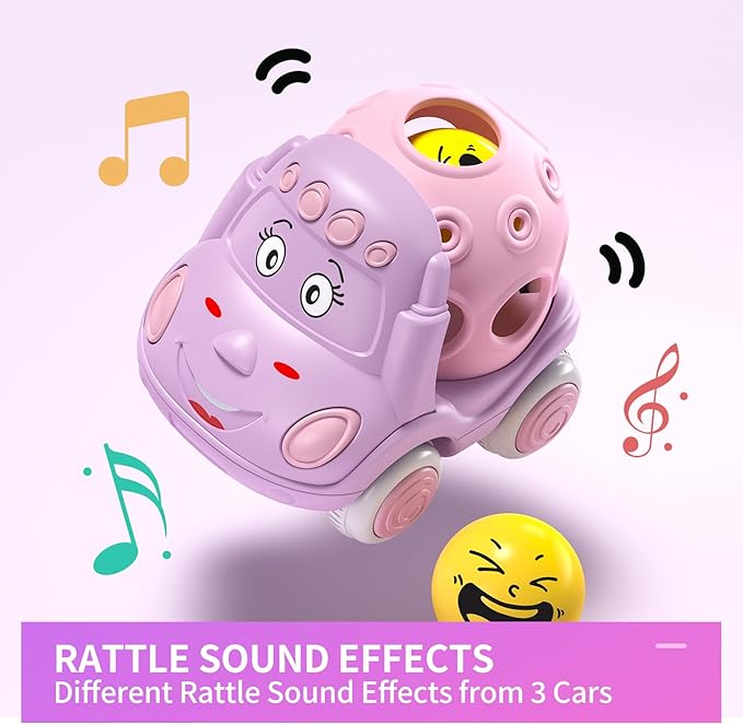 BeAndge Baby Girl Toys Gifts for 1 2 Year Old Girls, Pink Cars for Babies 6-12 12-18 Months, Push and Go Trucks for Toddlers, Soft Rattle Toys for One 1+ Infants First Birthday Easter Gifts