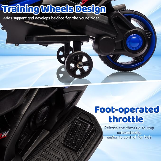 GarveeLife 6V Kids Motorcycle, Electric Ride On Car Toy with Training Wheels, Working Headlight, Horn & Music, Battery Powered Ride On Motorcycle Toy for Toddler Kids Boys Girls Ages 3-5, Blue