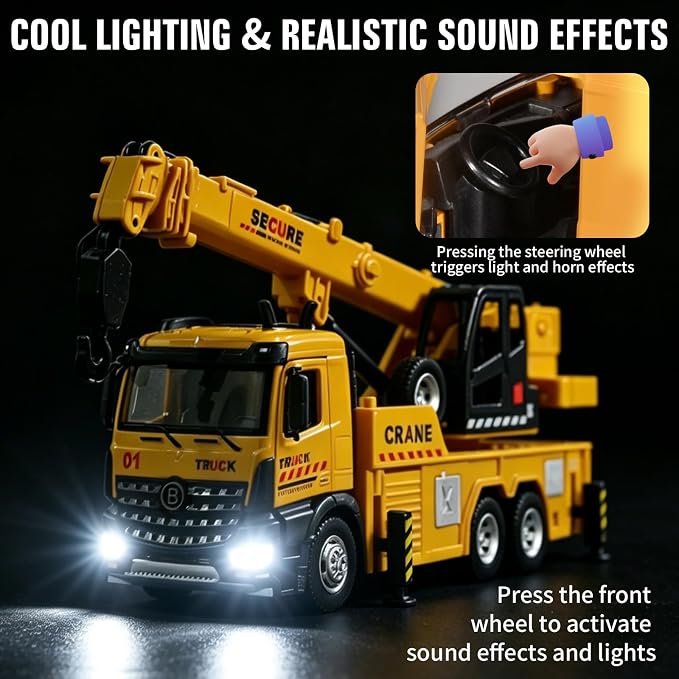 Crane Truck Toy Diecast Metal Cab Construction Truck Toys for Kids Crane Truck Boom that Can Be Raised Lowered Extended Pull Back Toy Crane with Lights and Sounds Crane Toys for Boys Age 4-7