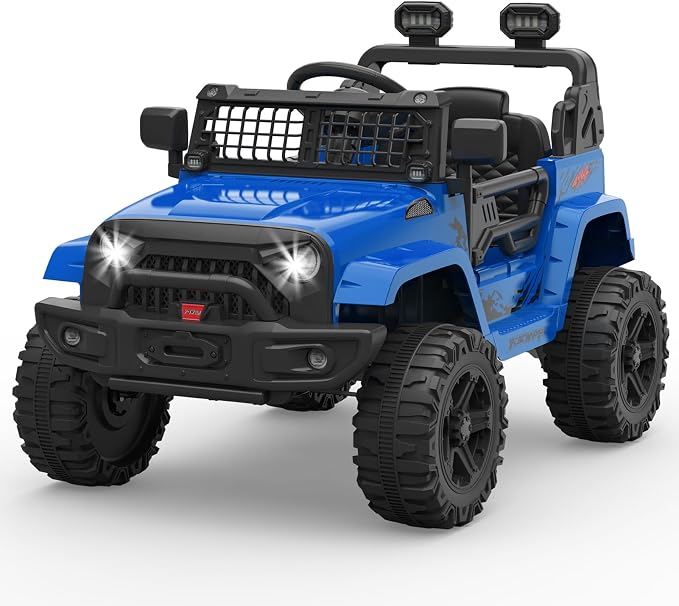 Hetoy 12V Ride on Toys with Parent Remote Control Toddler Electric Vehicle with Spring Suspension, LED Lights, Bluetooth, Music Player, 3 Speeds Ride on Car Truck for Kids Age 3-8 (Blue)