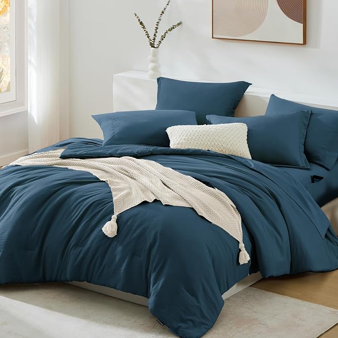 WRENSONGE King Size Comforter Set- 7 Pieces Soft Serenity Blue Bed in a Bag King with Fitted Sheet, Flat Sheet, 2 Pillow Shams, and 2 Pillowcases-Warm King Bedding Set for All Season