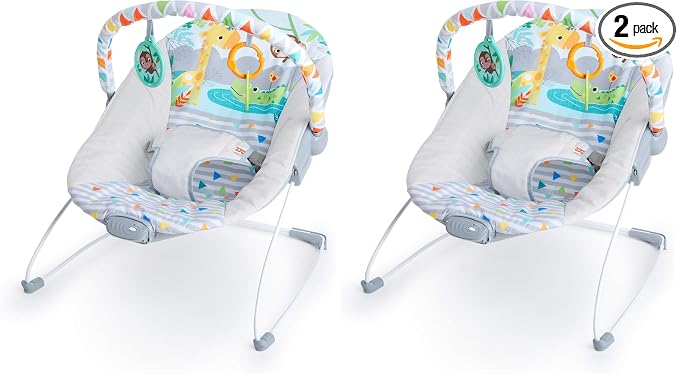 Bright Starts Safari Fun 3-Point Harness Vibrating Baby Bouncer with Toy bar (Pack of 2)