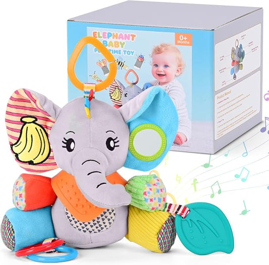 Baby Toys 0-6-12 Months: Elephant with Detachable Touch-Sensitive Sound Box (30 Sounds), Removable Bib, Teether, Rattle, BB Squeaker, Mirror | Attaches to Strollers, Car Seats, Carriers