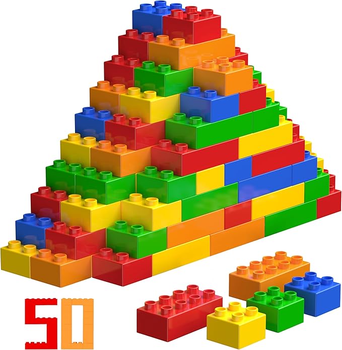 50 Pcs Jumbo Building Blocks for Toddlers (25 Square & 25 Rectangle Bricks) | Compatible Big Construction Bricks in 5 Colors | Kids Ages 3+ STEM Toy
