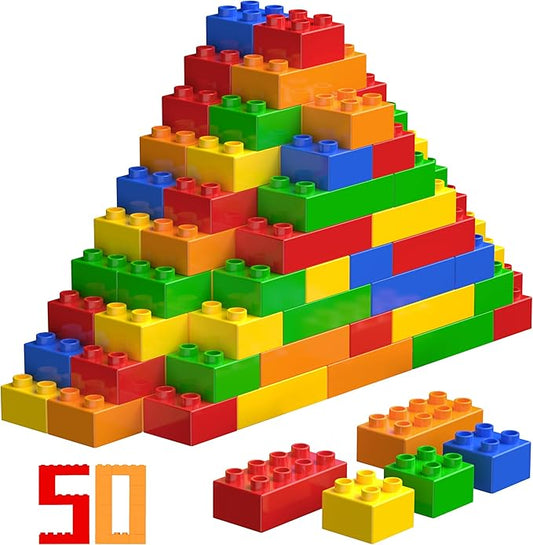 50 Pcs Jumbo Building Blocks for Toddlers (25 Square & 25 Rectangle Bricks) | Compatible Big Construction Bricks in 5 Colors | Kids Ages 3+ STEM Toy
