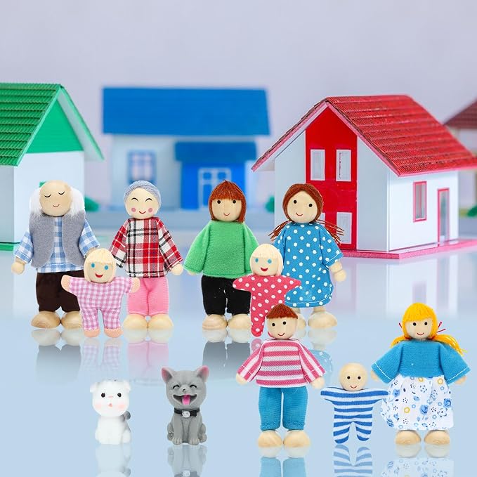 ONEST 11 Pieces Wooden Dollhouse Family Set Mini People Figures Sets Dollhouse Dolls Wooden Doll Family Pretend Play Figures Accessories for Pretend Dollhouses