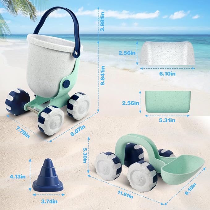 Asweets Beach Sand Toy Set Include Shovel, Bucket and Sandcastle Mold, Organic Green Plastic Travel Beach Sand Toys for KidsIdeal, Gift for Boys and Girls