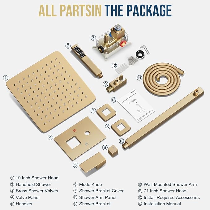 FPXRNG Gold Shower Faucet Set, Rainfall Shower System with Rain Shower Head and Handle Set, Wall Mounted Shower Fixtures, Full Metal Trim Repair Kit 12 inch Paint Gold (With Shower Valve)
