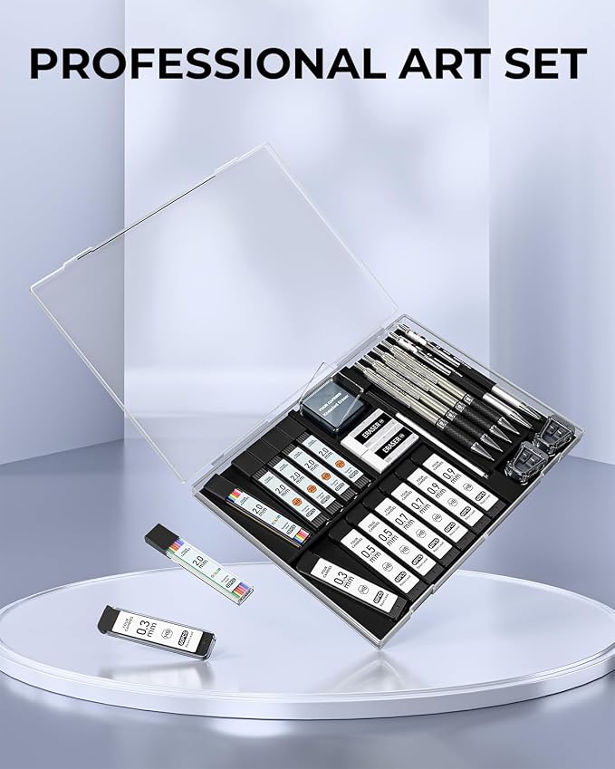 Four Candies 27PCS Mechanical Pencil Set with Case, Art supplies with Metal Pencil 0.3, 0.5, 0.7, 0.9 mm & 2PCS 2mm (HB 2H 2B 4B Color) with 552 Lead Refills, Technical Drawing Kit for Teen & Adults
