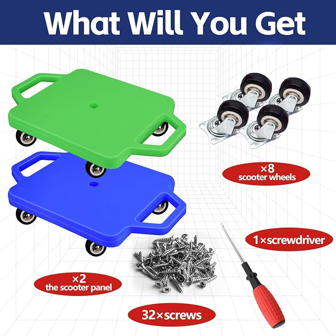 2 Pcs Sports Scooter Board with Handles Colored Floor Sitting Scooter Board with Plastic Casters for Kids Gym Indoor Outdoor Activities Play Equipment
