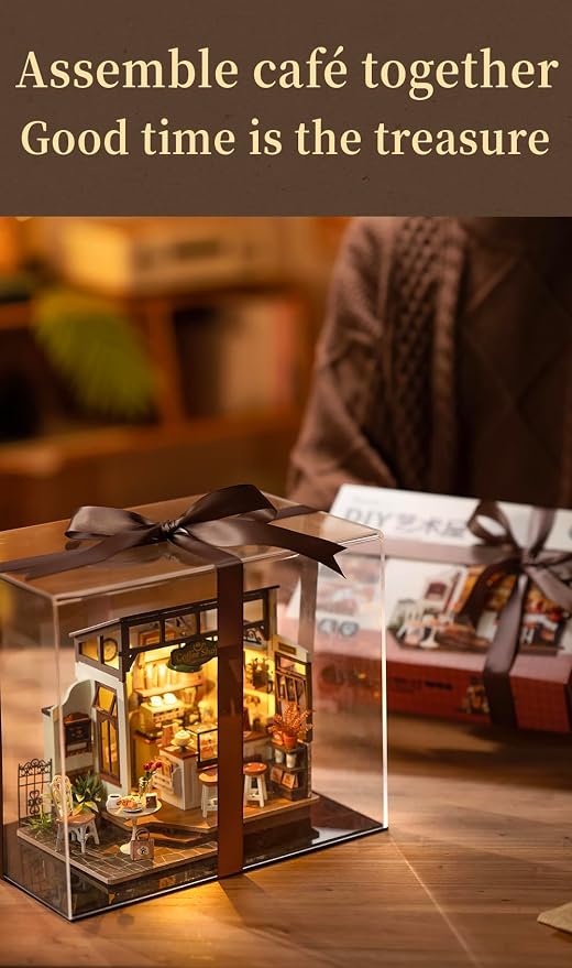 Rowood Coffee Miniature House Kit, Mother's Day DIY Miniature Dollhouse Kits for Adults to Build, Wooden Mini House Model Kits Adults Crafts with LED, Gift on Christmas Birthday for Family-NO.17 Cafe
