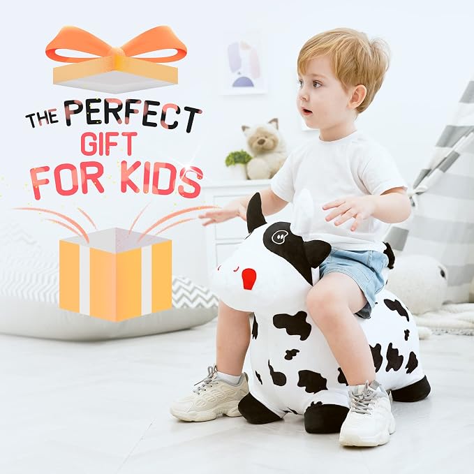 Bouncy Hopper Horse Cow Toys, Inflatable Bouncing Animal Hopping Toys, Outdoor Indoor Ride on Bouncer, Boys Girls Birthday Gift for 18 Month 2 3 4 5 6 Year Old Kid- Plush Cow Toy
