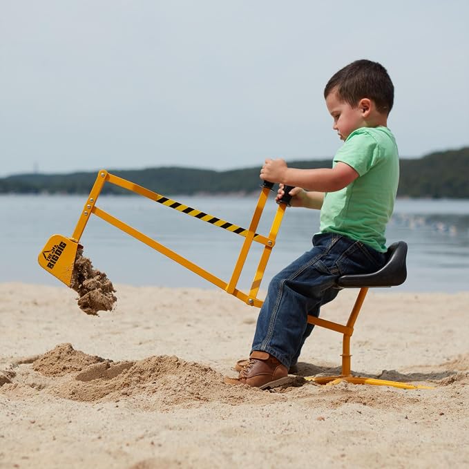 Big Dig Toy Excavator Ride, Sandbox Digger w/ 360 Rotation Base for Kids Ages 3 & Up, Yellow - Outdoor Playground and Sand Beach Construction Riding Toys for Children