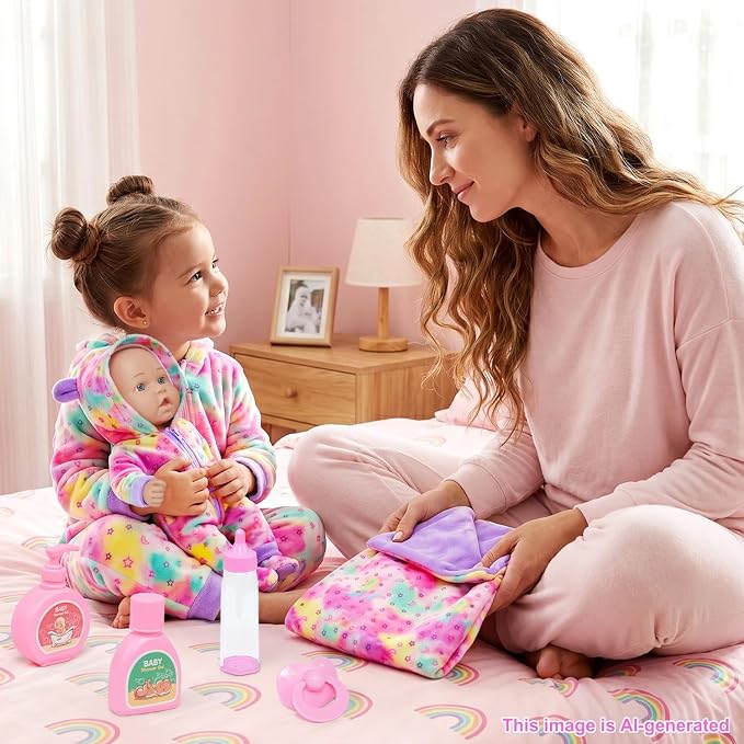 Ecore Fun 12 Inch Baby Doll with Outfit, Sleeping Bag,Pacifier, Bottle, Diaper & Care Set, Realistic Pretend Play Doll Accessories for Kids 3+