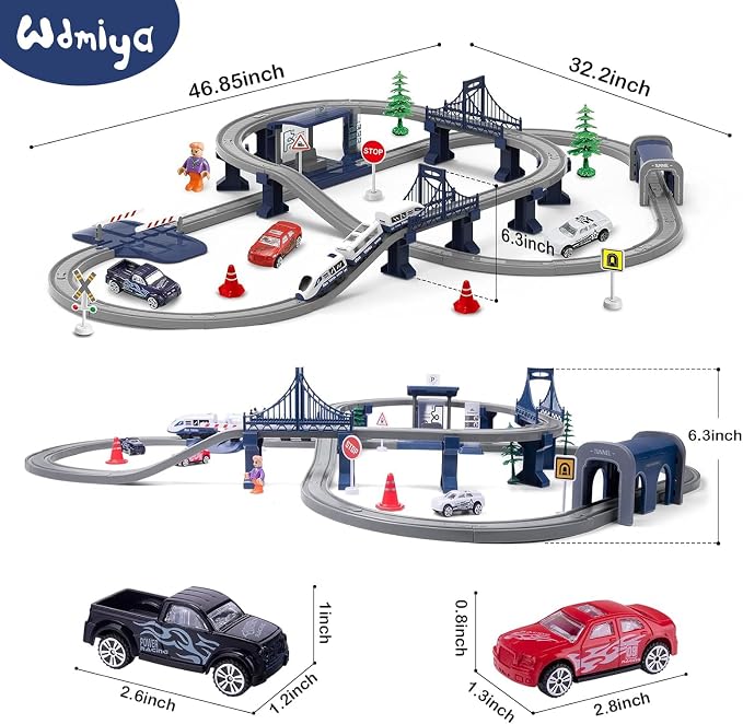 Wdmiya Train Sets for Boys 4-7, 104 Pcs Battery Operated Train Set with Tracks(Magnetic Connection), Compatible with Thomas, Brio, Chuggington, Gifts for 3 4 5 6 Years Old (City Blue 104 Pcs)