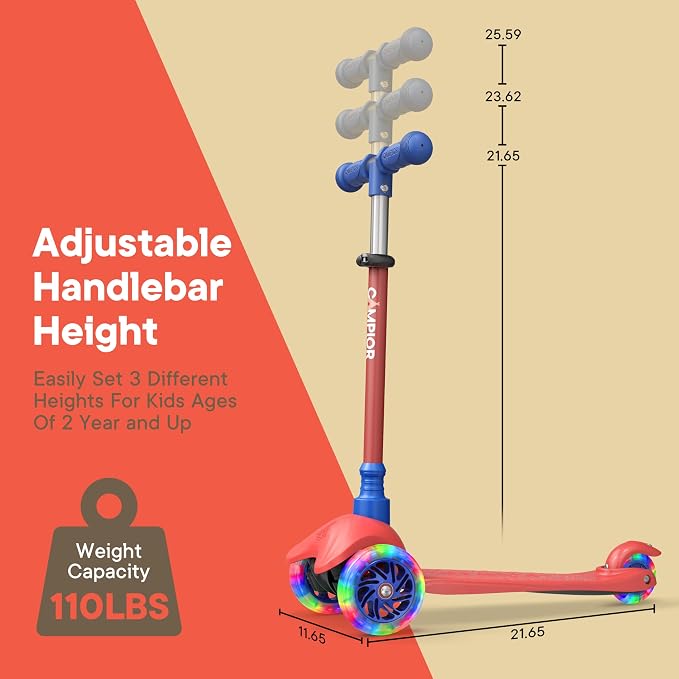 Red & Blue Mini 3 Wheel Scooter for Kids – Lean-to-Steer with LED Light-Up Wheels, Adjustable Handlebar, Wide Anti-Slip Deck, Smooth PU Wheels, Rear Foot Brake – Toddler Scooter for Ages 2+