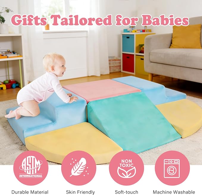 Soft Climbing Toys for Toddlers 1-3, 6-Piece Foam Climbing Blocks Set with Washable Cover, Colourful Indoor Active Play Structure for Kids, Modular Crawling and Sliding Gym for Baby