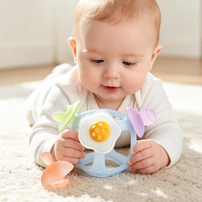 Baby Silicone Teether, Food-Grade Soft Silicone Teething and Sensory Toy, BPA-Free and Non-Toxic, Relieves Baby's Teething Discomfort, Featuring 4 Different Shapes of Teethers
