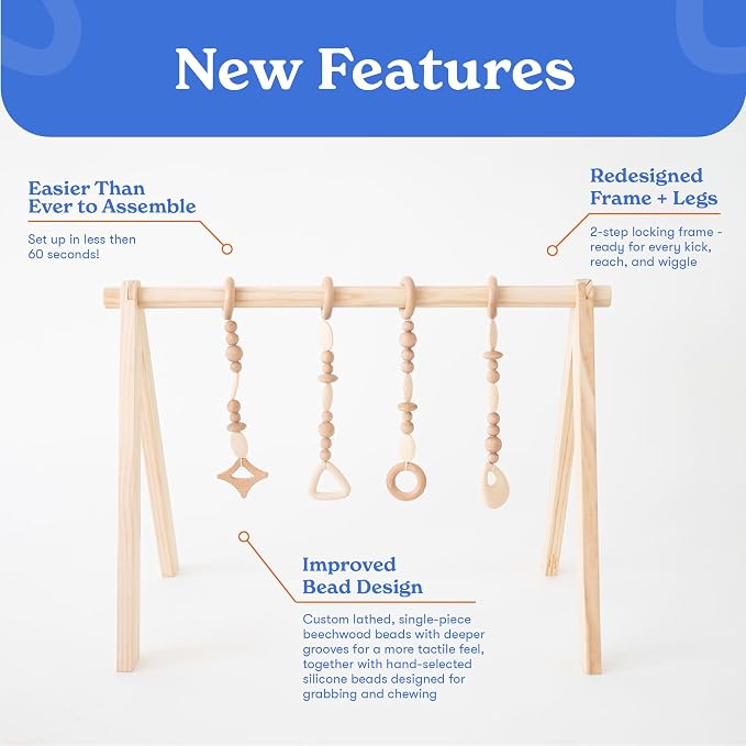 Poppyseed Play Wooden Baby Play Gym | Montessori-Inspired Activity Center with 4 Hanging Toys | Natural Wood & Silicone | Ideal for Tummy Time, Sensory Play & Motor Skill Growth | 0-12 Months