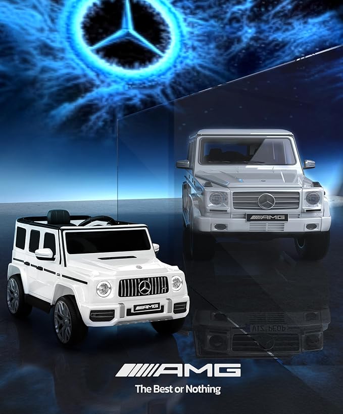 ELEMARA Licensed Mercedes-Benz AMG G63 Ride on Toys,Electric Car for Kids W/Parents Control,Electric Powered G Wagon Ride On Truck Toy,Low Battery Prompt,Bluetooth,Flickering Lights/LED Lights, White