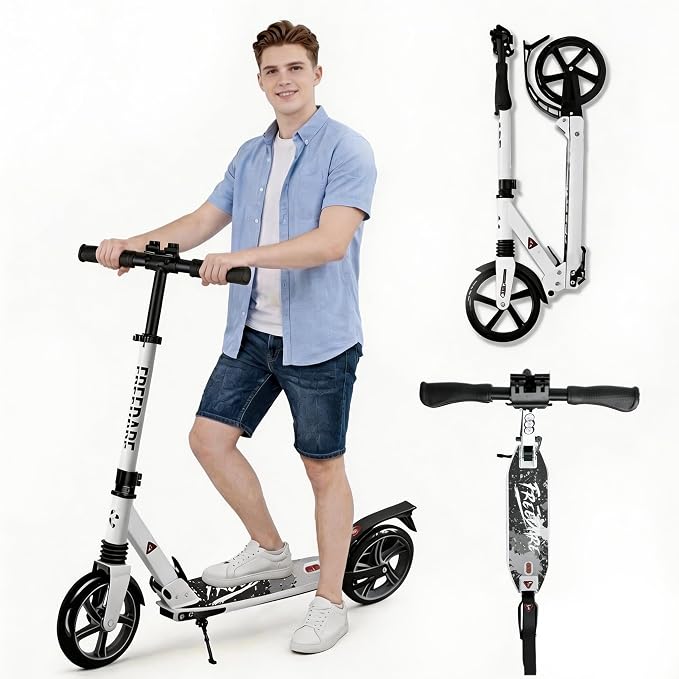 FREEDARE Kick Scooter for Kids & Adults Ages 8+, Foldable Teen Scooter with 2 Big 8-inch Wheels and 4-Level Adjustable Handlebar, Max Load 220 LBS