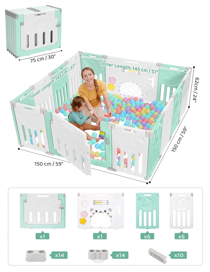 Dripex Baby Playpen, 14-Panel Foldable Playard for Toddlers 6-36 Months, Adjustable & Portable Indoor Outdoor Safety Play Area with Anti-Pinch Design, Game Panel and Safety Gate, Light Green White