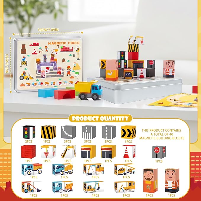 Travel Magnetic Blocks Toys Portable, 40PCS Construction Magnet Building Tiles Road Trip Activities for Toddlers Kids Ages 3-8, STEM Sensory Toys Birthday Gift for Boy