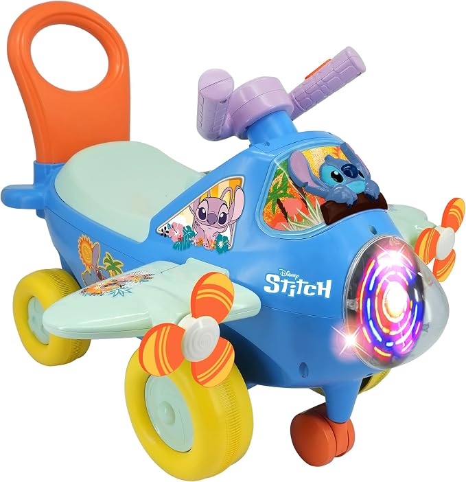 Kiddieland Disney Stitch Lights & Sounds Activity Plane Ride-On, Foot-to-Floor Toy with Interactive Dashboard, Rotating Propellers, Push Handle, for Toddlers 12–36 Months